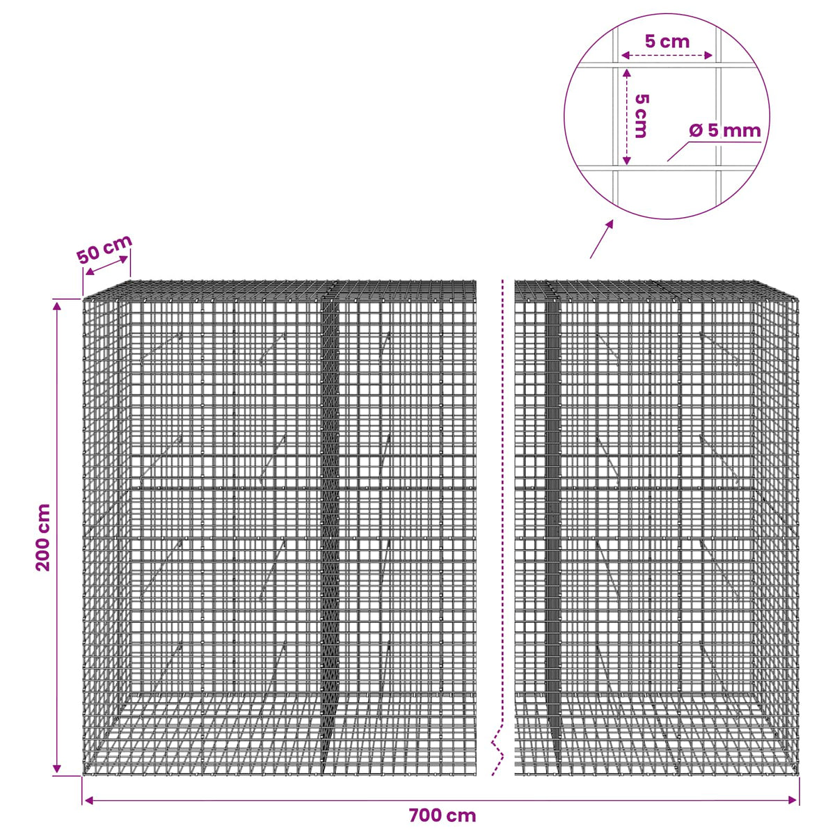 Gabionas su 5 mm viela ir 5x5 cm tinkleliu 700x50x200 cm