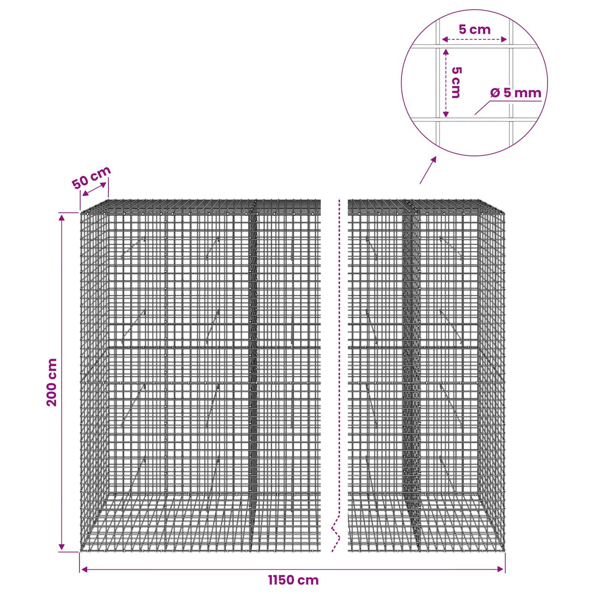 Gabionas su 5 mm viela ir 5x5 cm tinkleliu 1150x50x200 cm