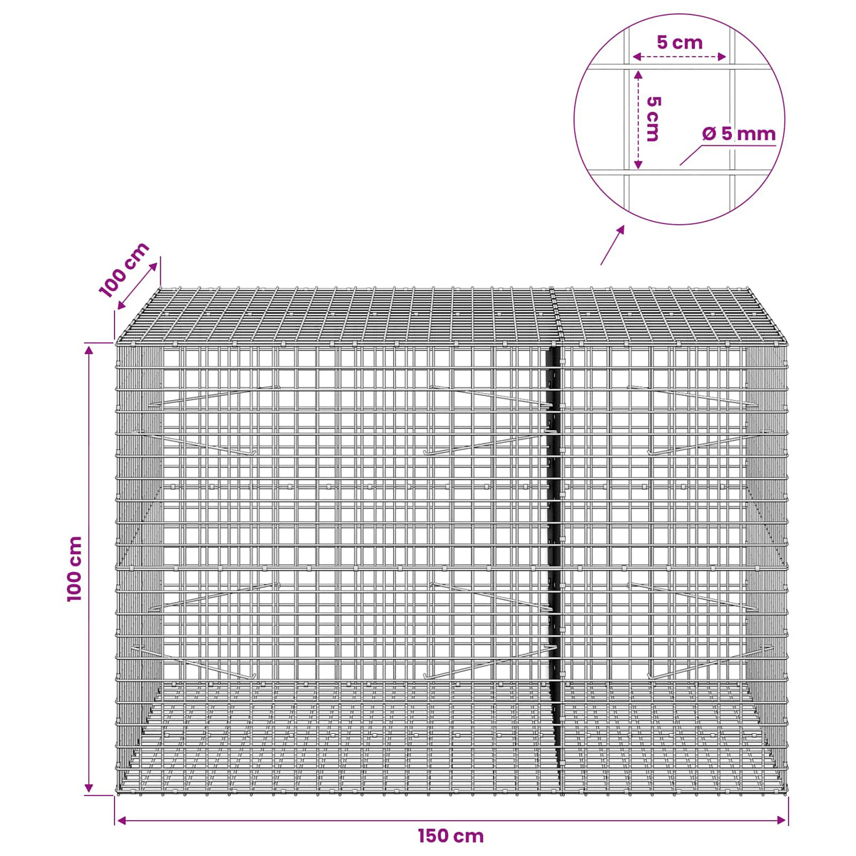 Gabionas su 5 mm viela ir 5x5 cm tinkleliu 150x100x100 cm