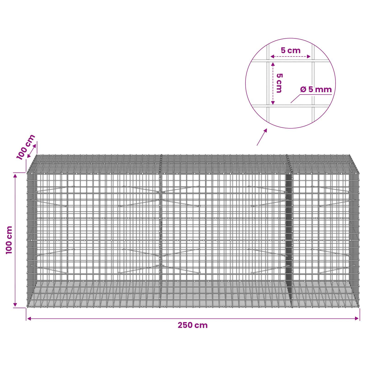 Gabionas su 5 mm viela ir 5x5 cm tinkleliu 250x100x100 cm