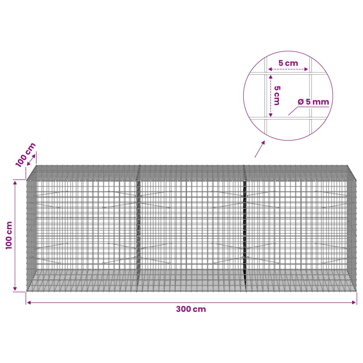 Gabionas su 5 mm viela ir 5x5 cm tinkleliu 300x100x100 cm