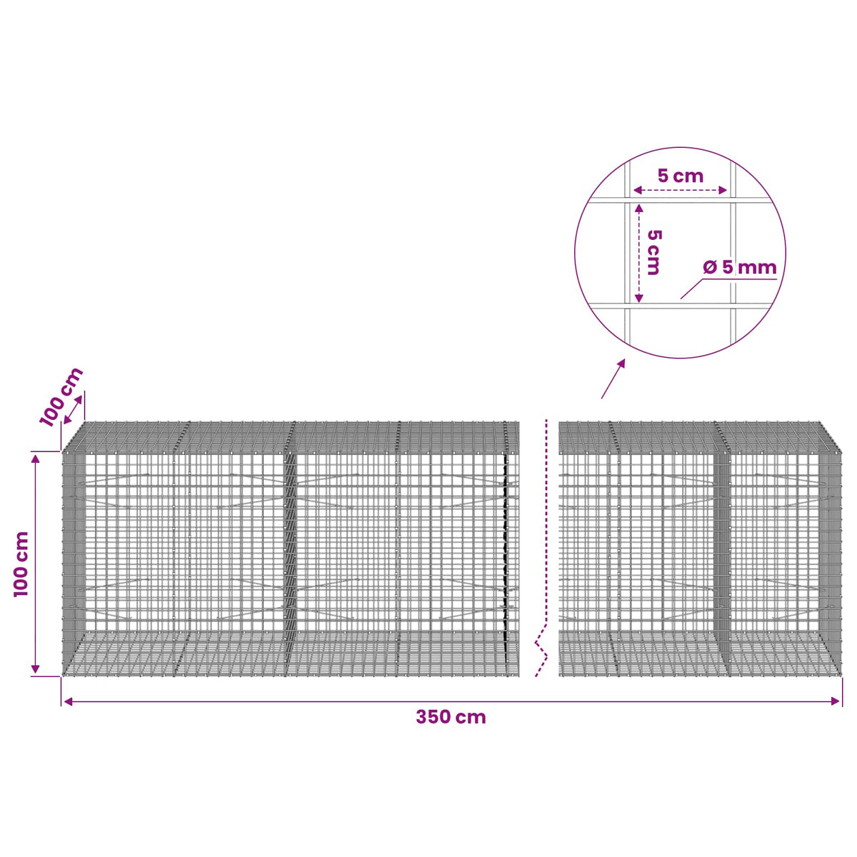 Gabionas su 5 mm viela ir 5x5 cm tinkleliu 350x100x100 cm