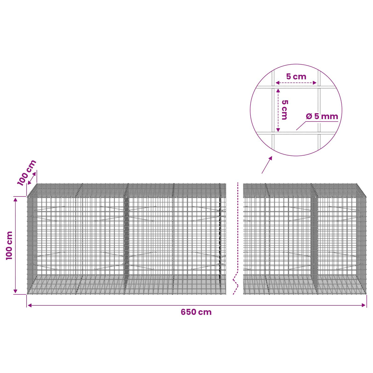 Gabionas su 5 mm viela ir 5x5 cm tinkleliu 650x100x100 cm