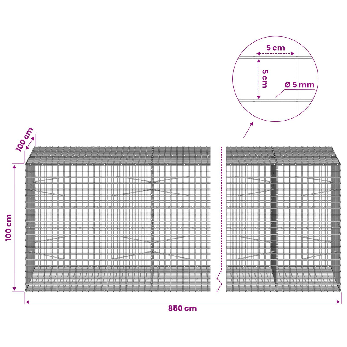 Gabionas su 5 mm viela ir 5x5 cm tinkleliu 850x100x100 cm