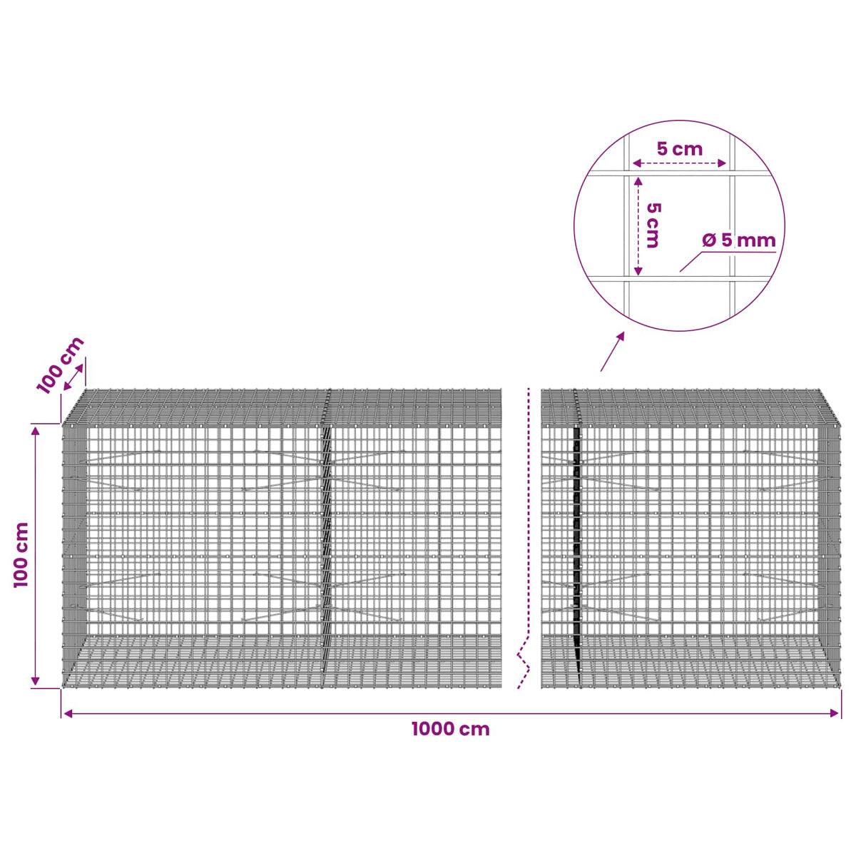 Gabionas su 5 mm viela ir 5x5 cm tinkleliu 1000x100x100 cm