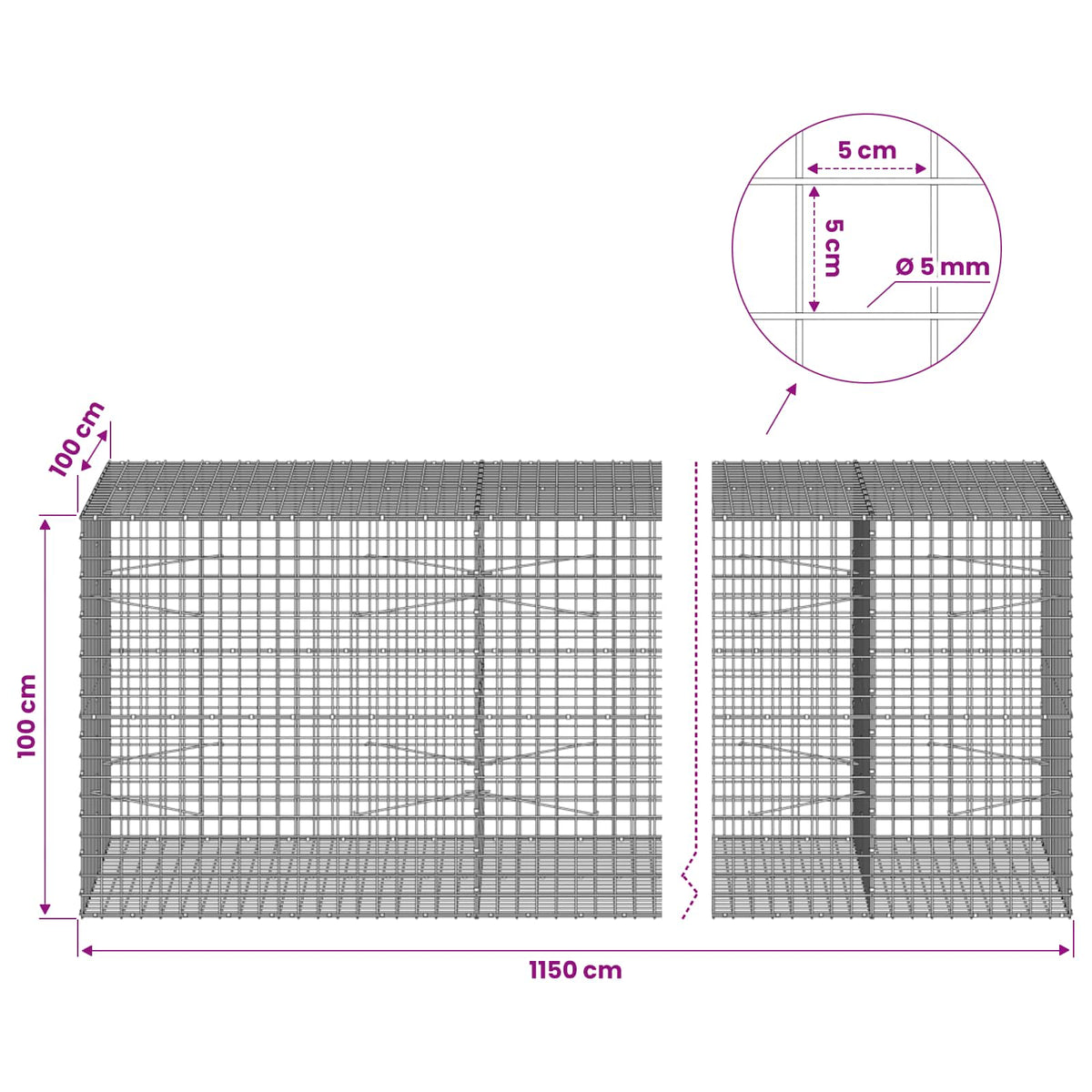 Gabionas su 5 mm viela ir 5x5 cm tinkleliu 1150x100x100 cm