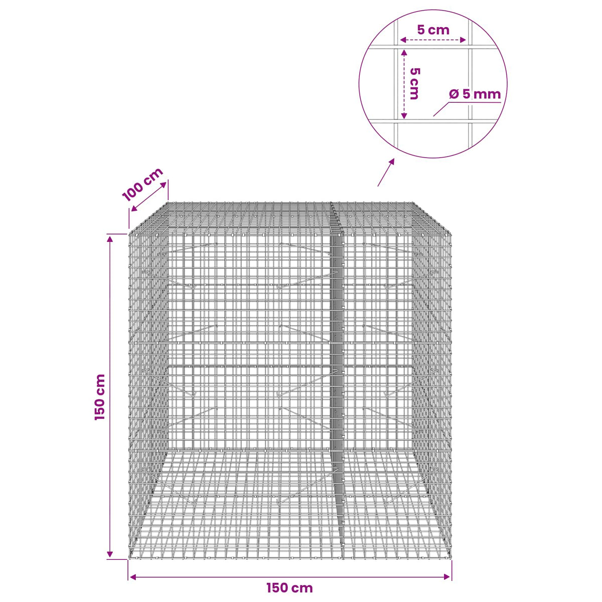 Gabionas su 5 mm viela ir 5x5 cm tinkleliu 150x100x150 cm
