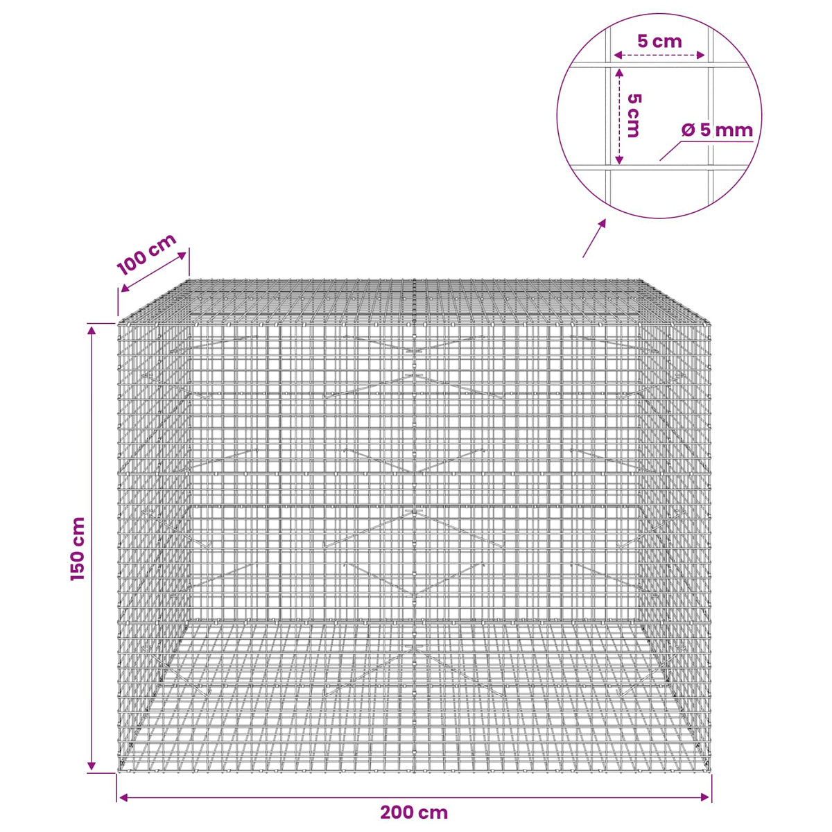Gabionas su 5 mm viela ir 5x5 cm tinkleliu 200x100x150 cm