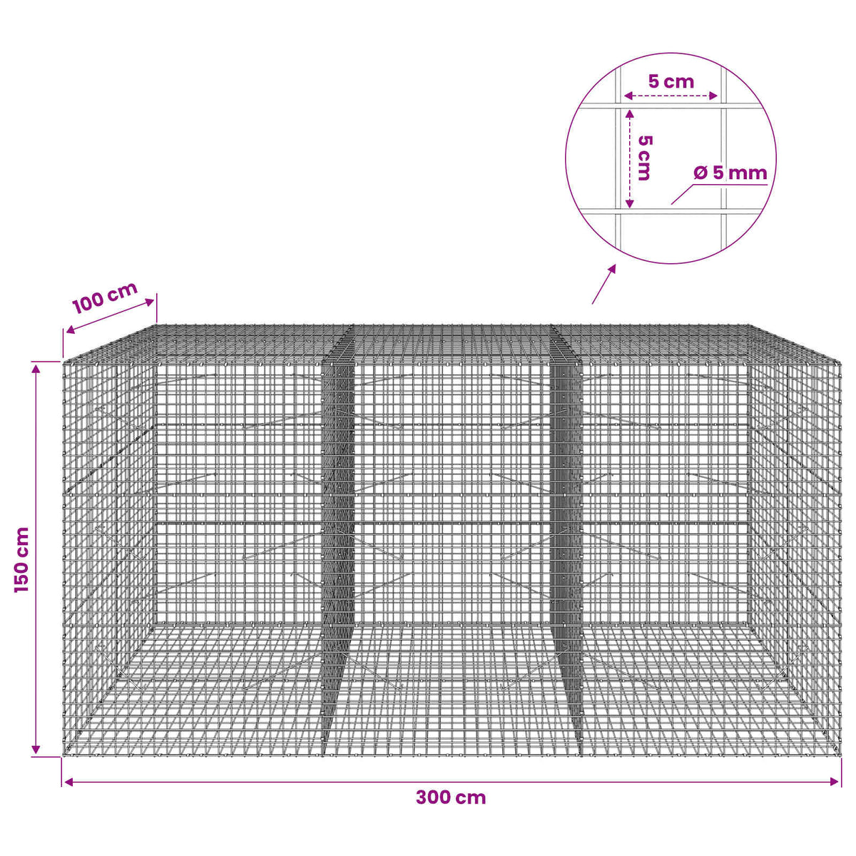 Gabionas su 5 mm viela ir 5x5 cm tinkleliu 300x100x150 cm