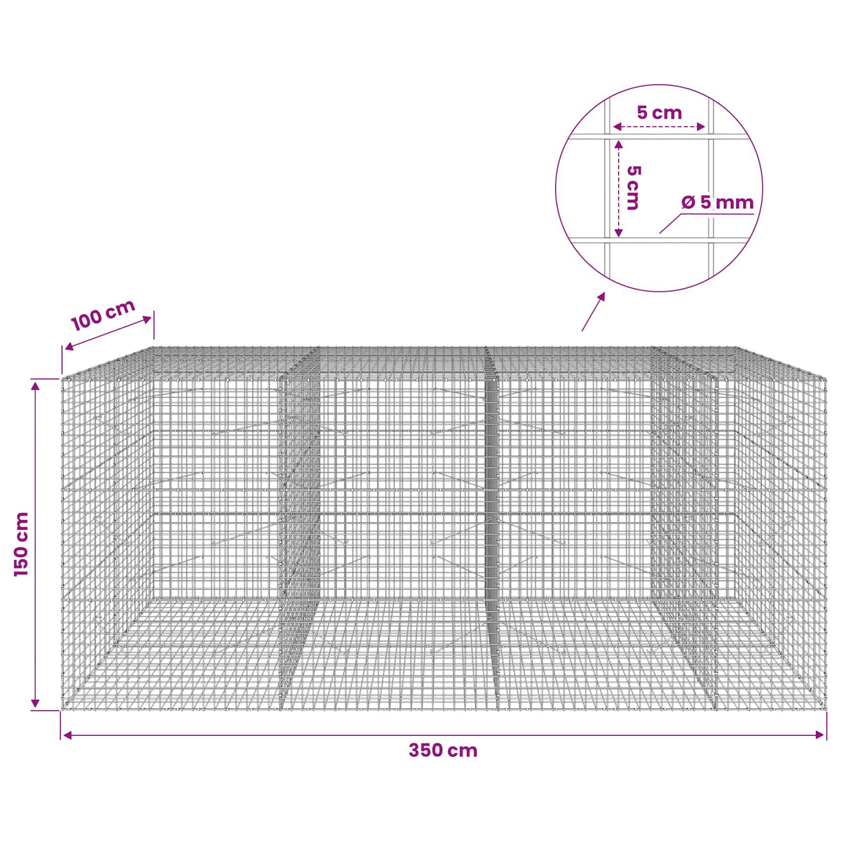Gabionas su 5 mm viela ir 5x5 cm tinkleliu 350x100x150 cm