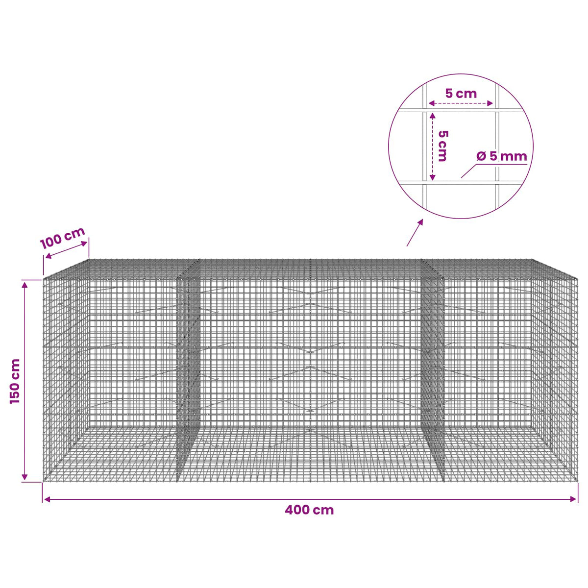 Gabionas su 5 mm viela ir 5x5 cm tinkleliu 400x100x150 cm