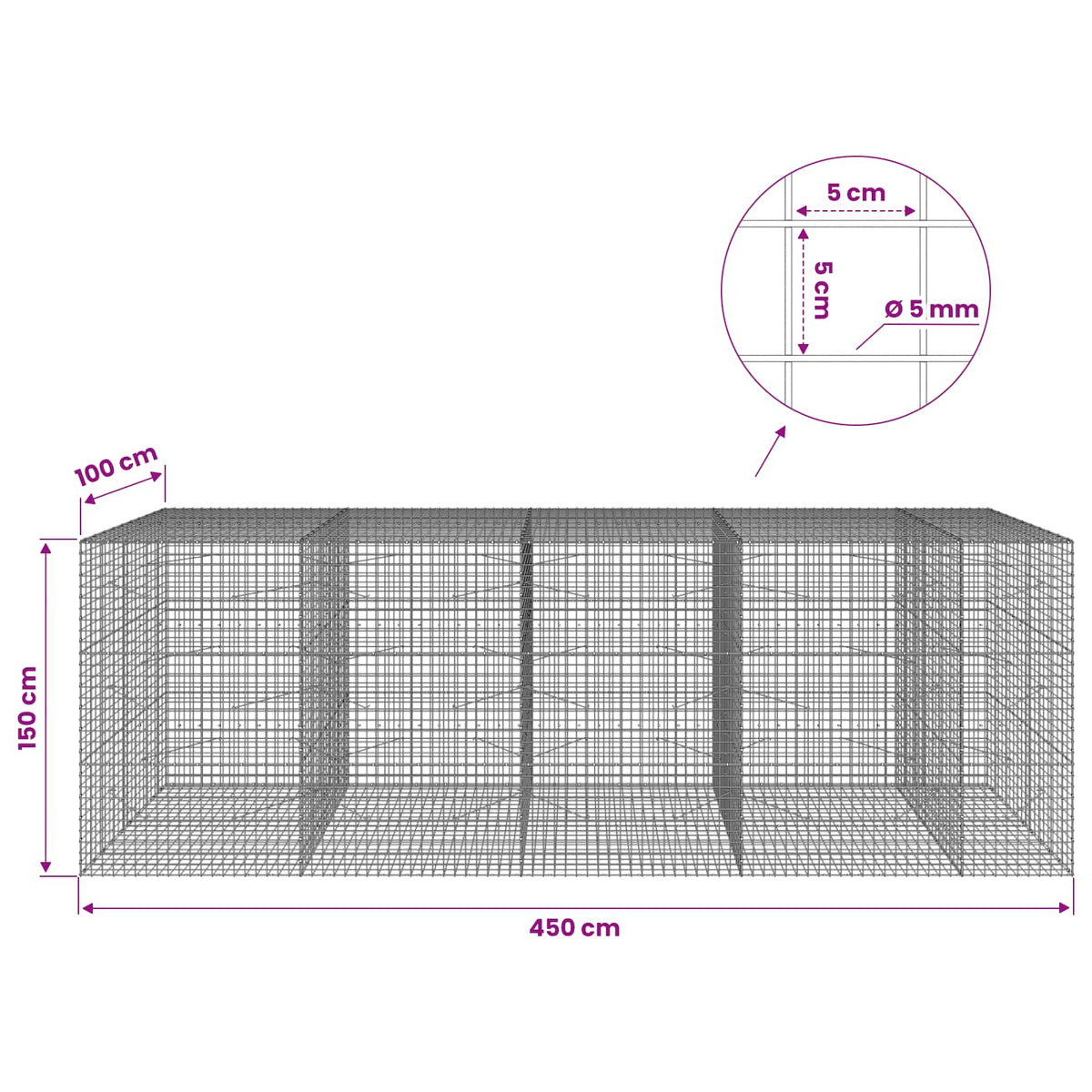 Gabionas su 5 mm viela ir 5x5 cm tinkleliu 450x100x150 cm