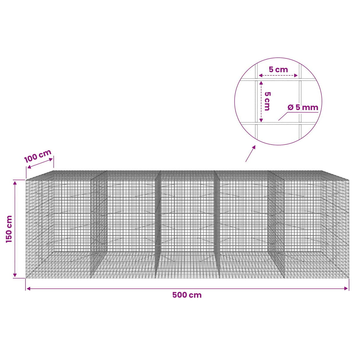 Gabionas su 5 mm viela ir 5x5 cm tinkleliu 500x100x150 cm