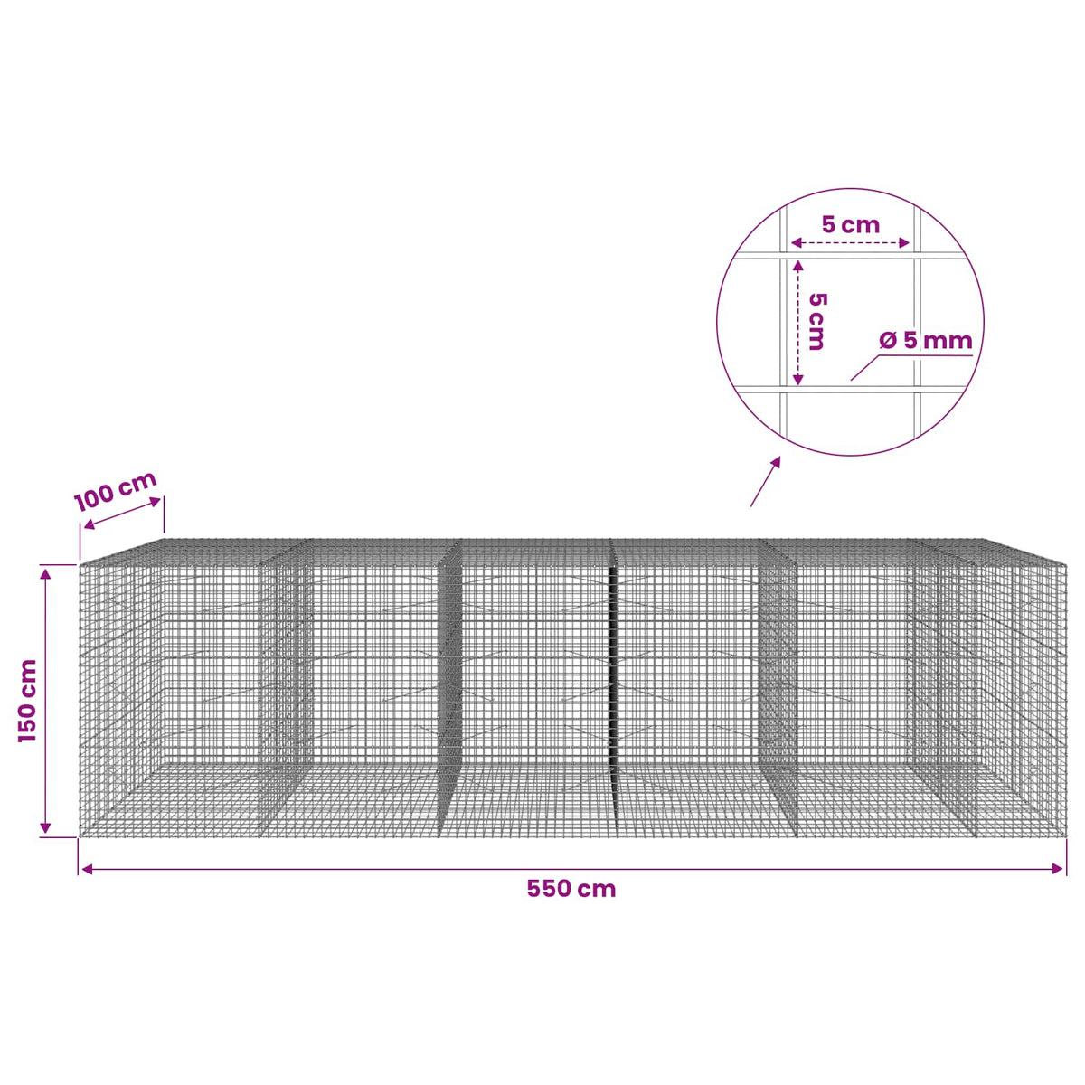 Gabionas su 5 mm viela ir 5x5 cm tinkleliu 550x100x150 cm
