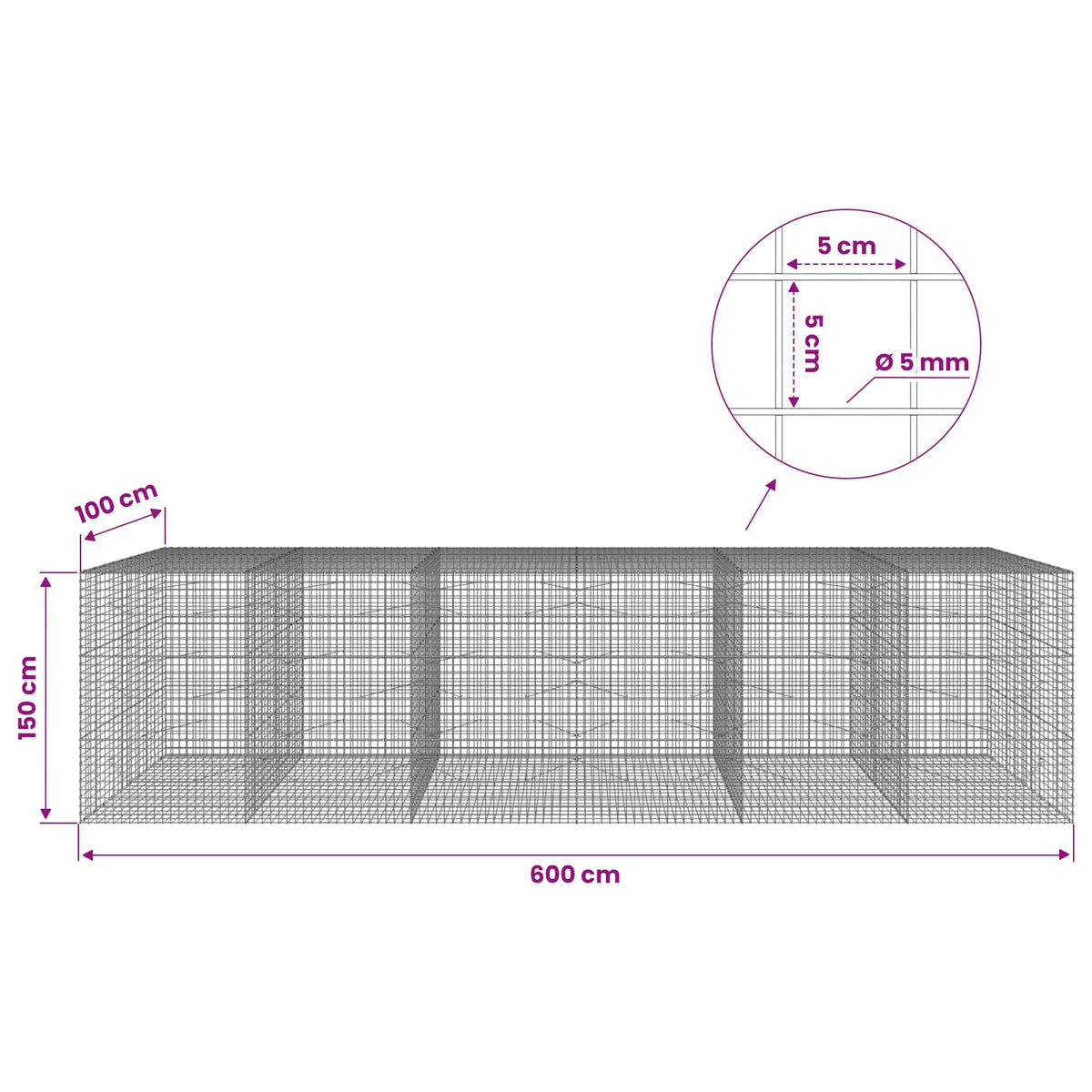 Gabionas su 5 mm viela ir 5x5 cm tinkleliu 600x100x150 cm