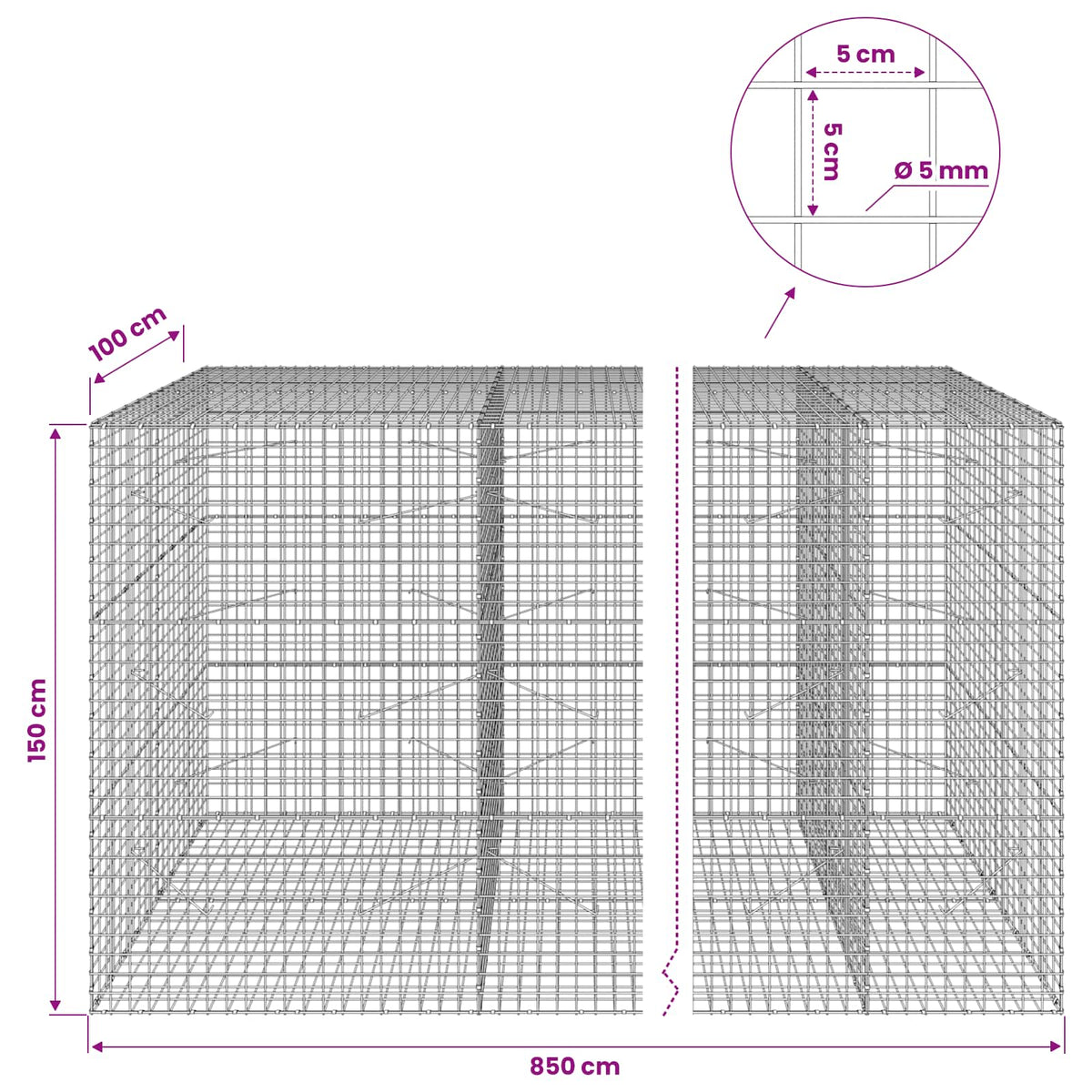 Gabionas su 5 mm viela ir 5x5 cm tinkleliu 850x100x150 cm