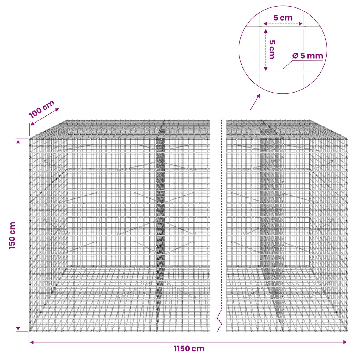 Gabionas su 5 mm viela ir 5x5 cm tinkleliu 1150x100x150 cm