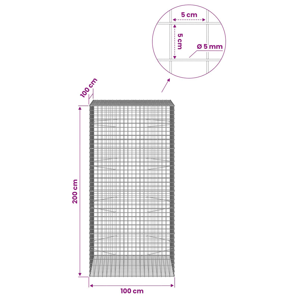 Gabionas su 5 mm viela ir 5x5 cm tinkleliu 100x100x200 cm