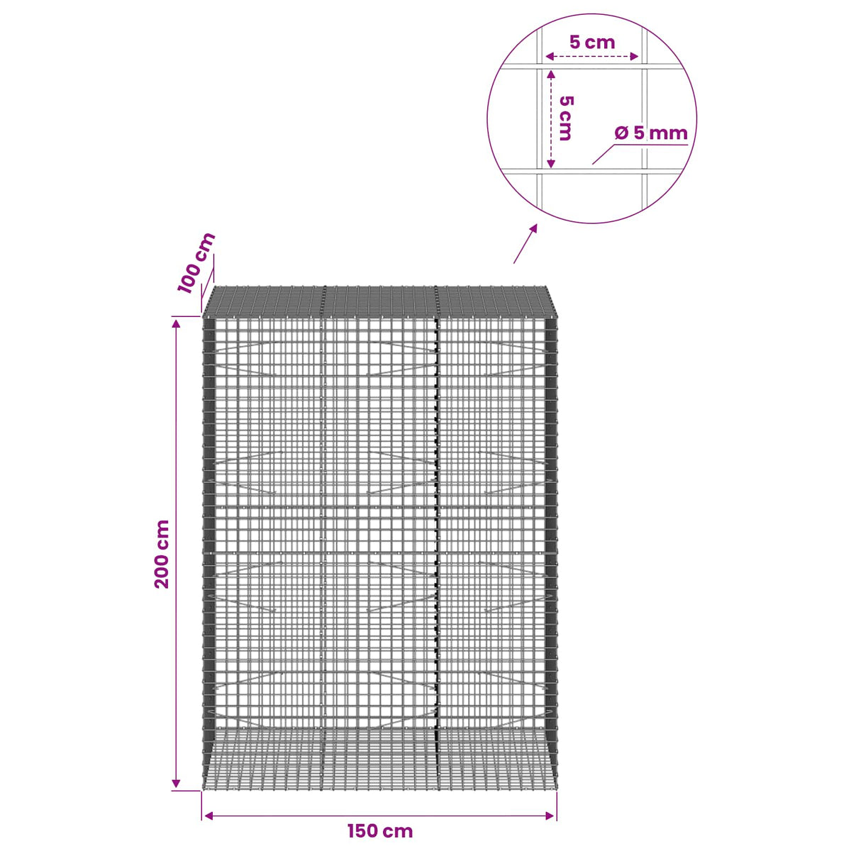 Gabionas su 5 mm viela ir 5x5 cm tinkleliu 150x100x200 cm