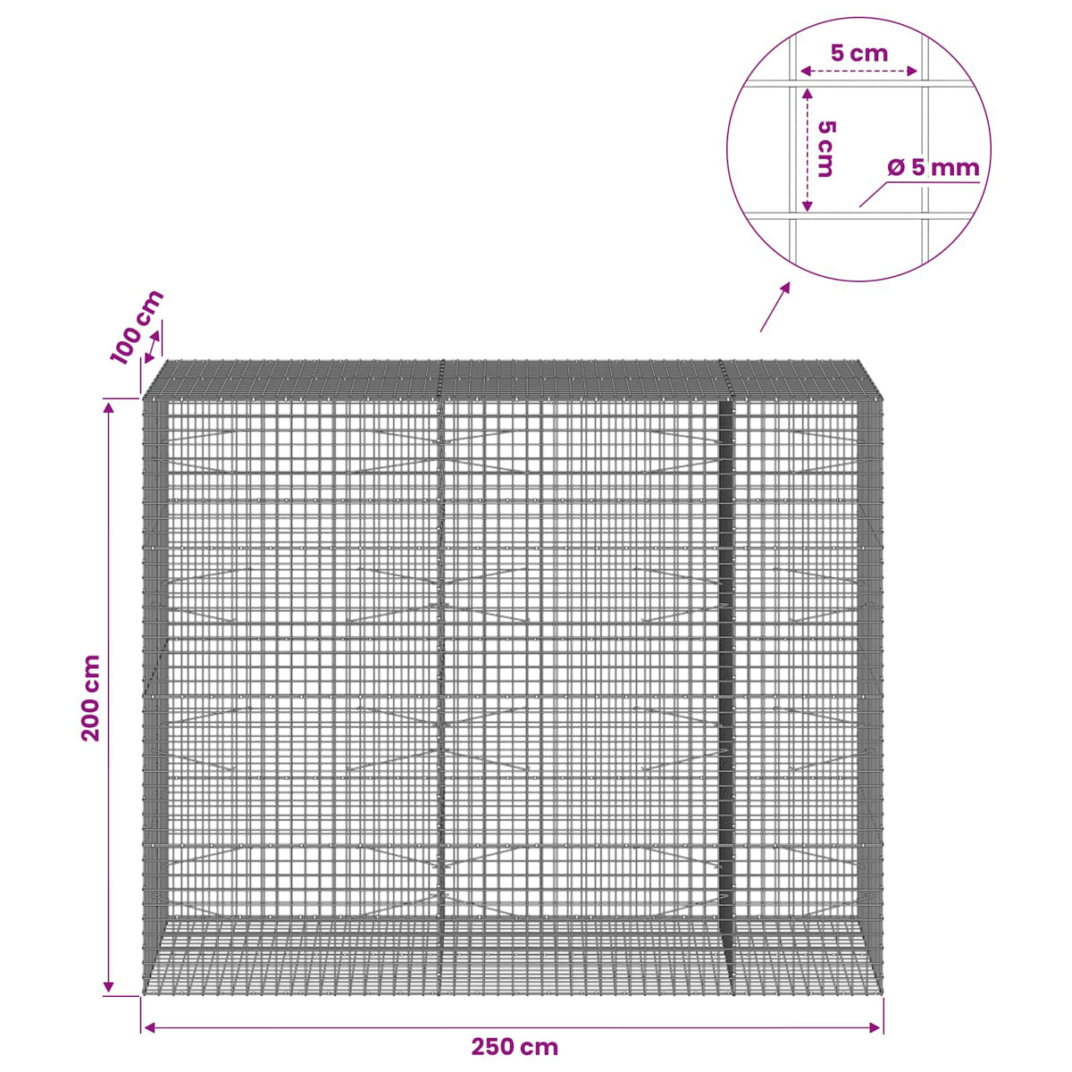 Gabionas su 5 mm viela ir 5x5 cm tinkleliu 250x100x200 cm