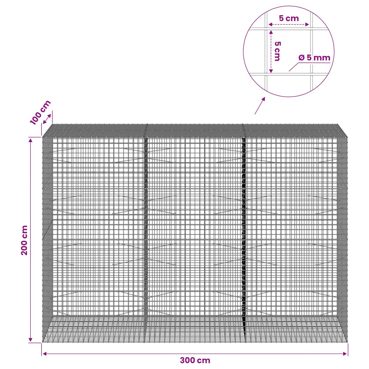 Gabionas su 5 mm viela ir 5x5 cm tinkleliu 300x100x200 cm