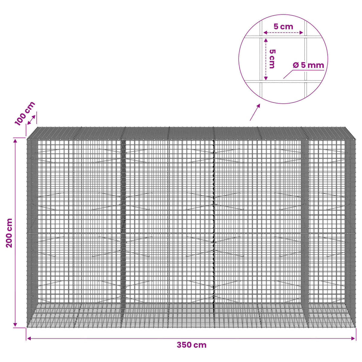 Gabionas su 5 mm viela ir 5x5 cm tinkleliu 350x100x200 cm