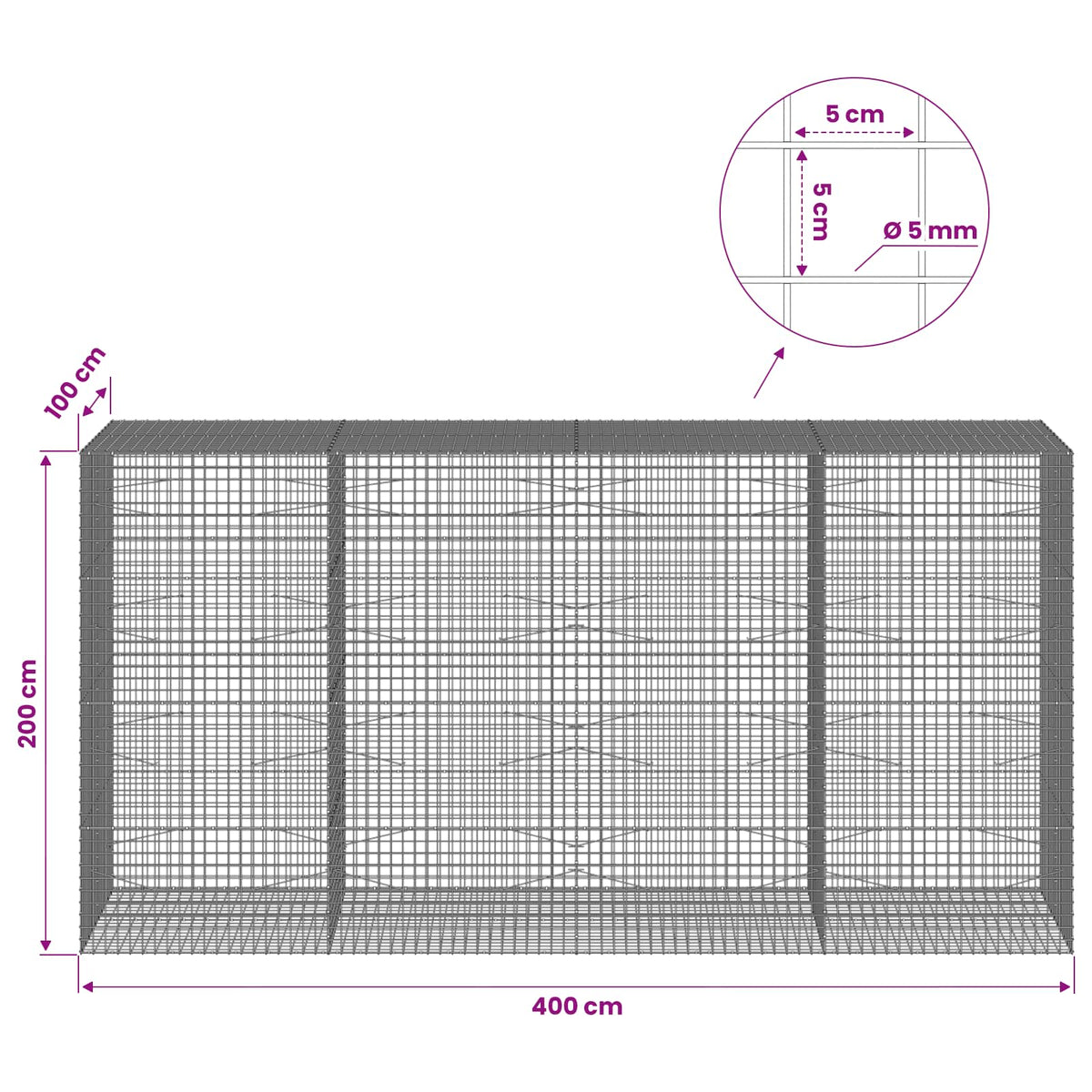 Gabionas su 5 mm viela ir 5x5 cm tinkleliu 400x100x200 cm
