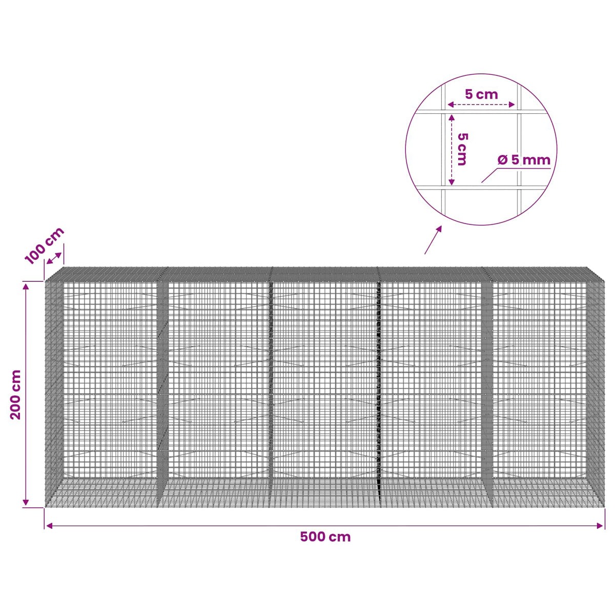 Gabionas su 5 mm viela ir 5x5 cm tinkleliu 500x100x200 cm