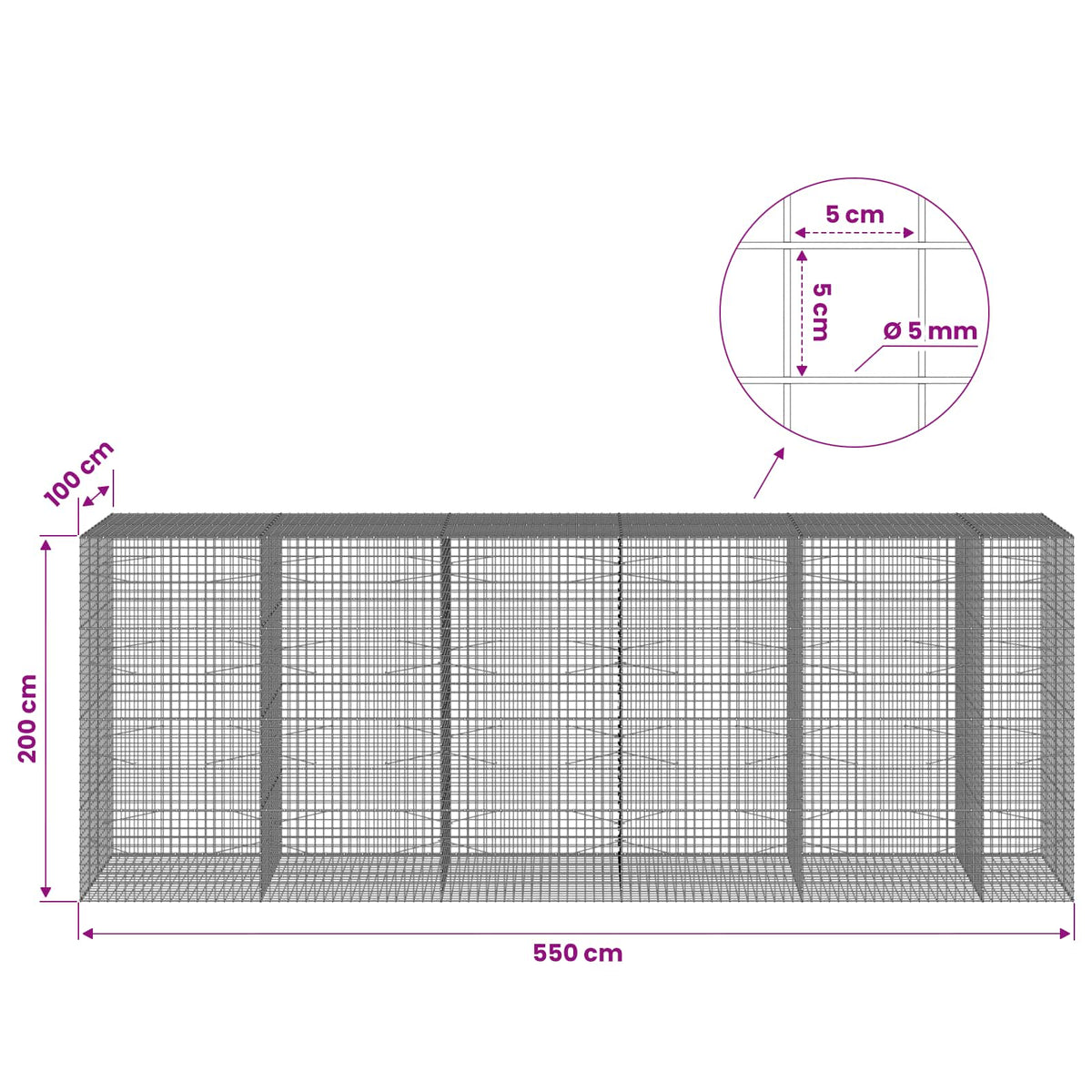 Gabionas su 5 mm viela ir 5x5 cm tinkleliu 550x100x200 cm