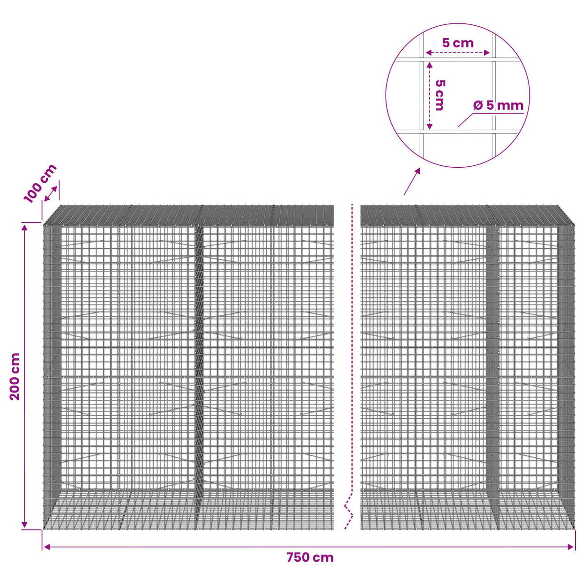 Gabionas su 5 mm viela ir 5x5 cm tinkleliu 750x100x200 cm