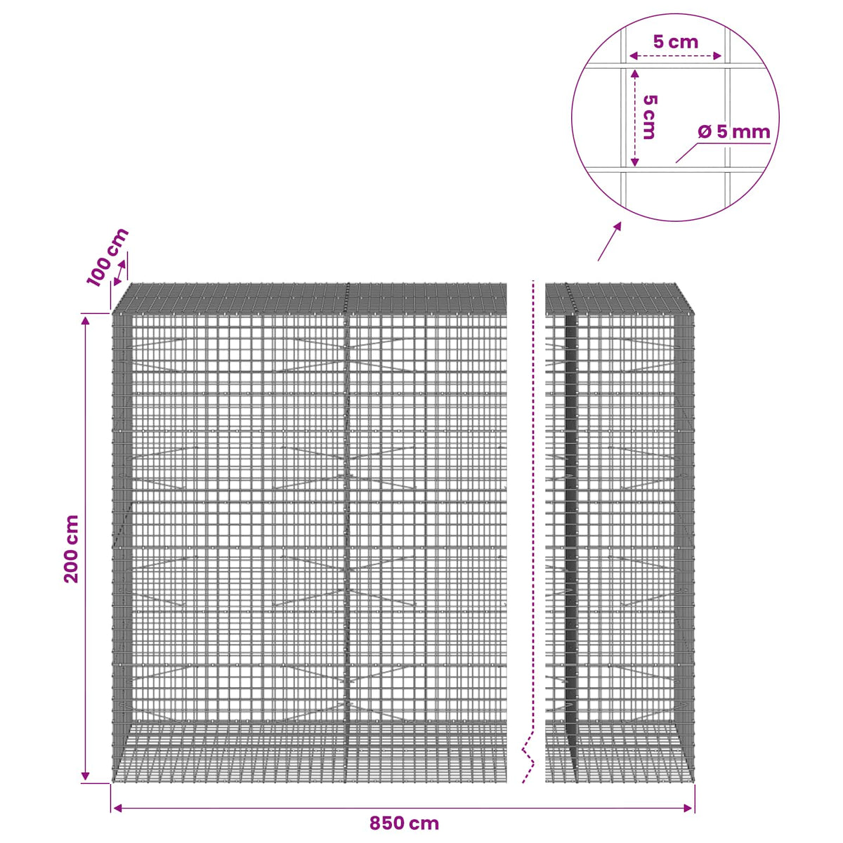 Gabionas su 5 mm viela ir 5x5 cm tinkleliu 850x100x200 cm