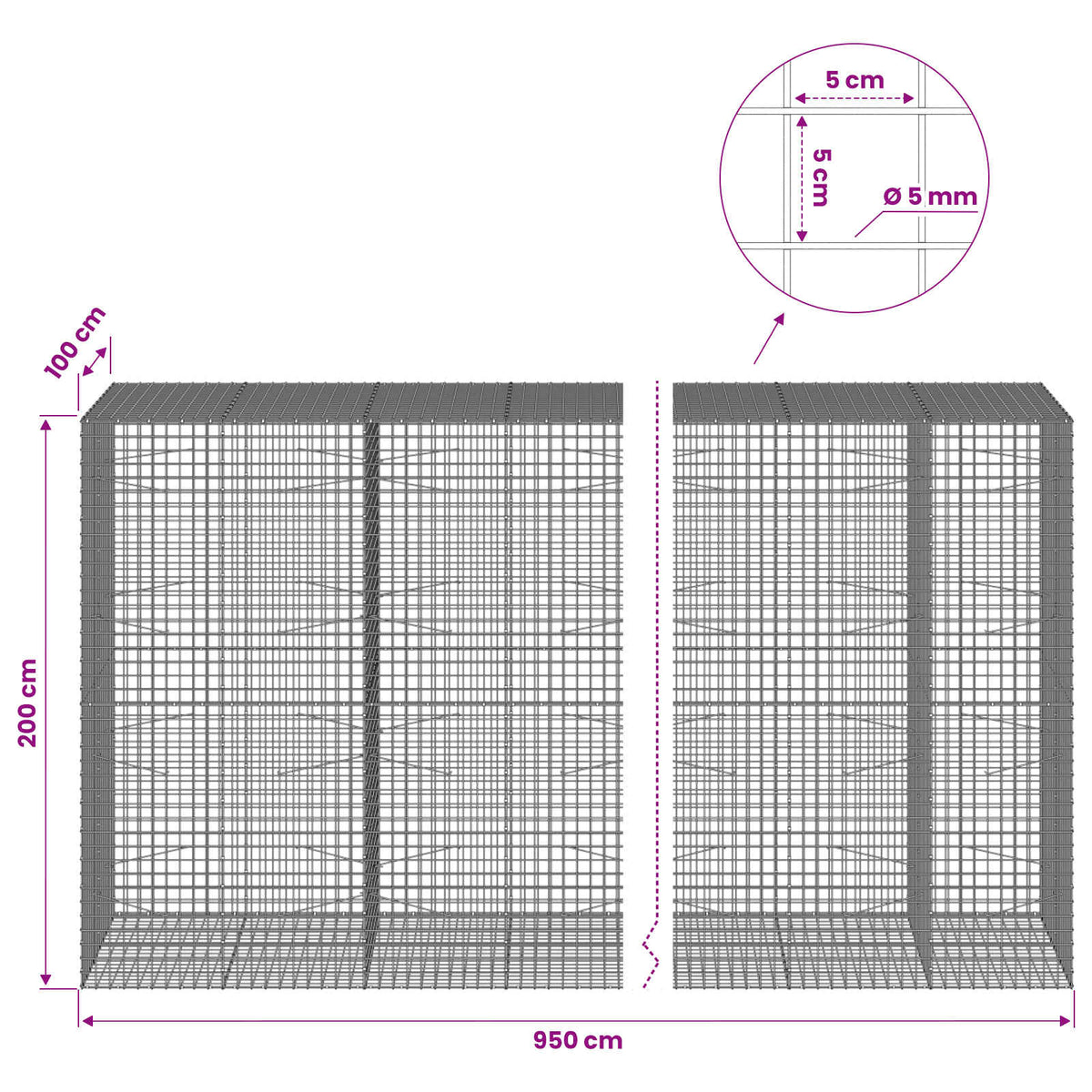 Gabionas su 5 mm viela ir 5x5 cm tinkleliu 950x100x200 cm