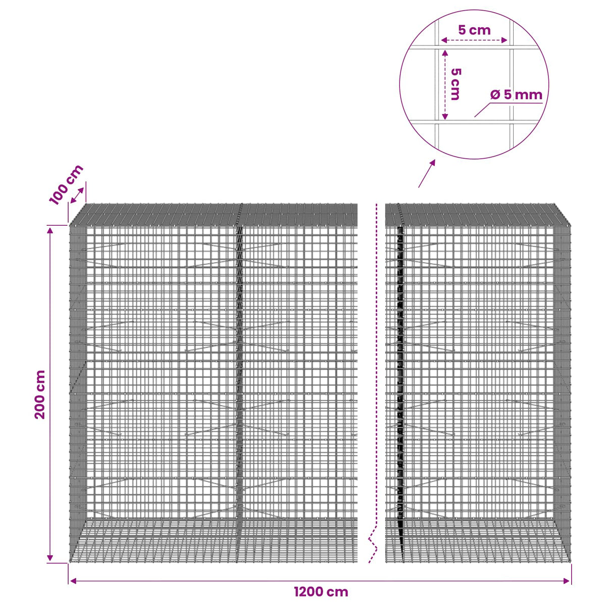 Gabionas su 5 mm viela ir 5x5 cm tinkleliu 1200x100x200 cm