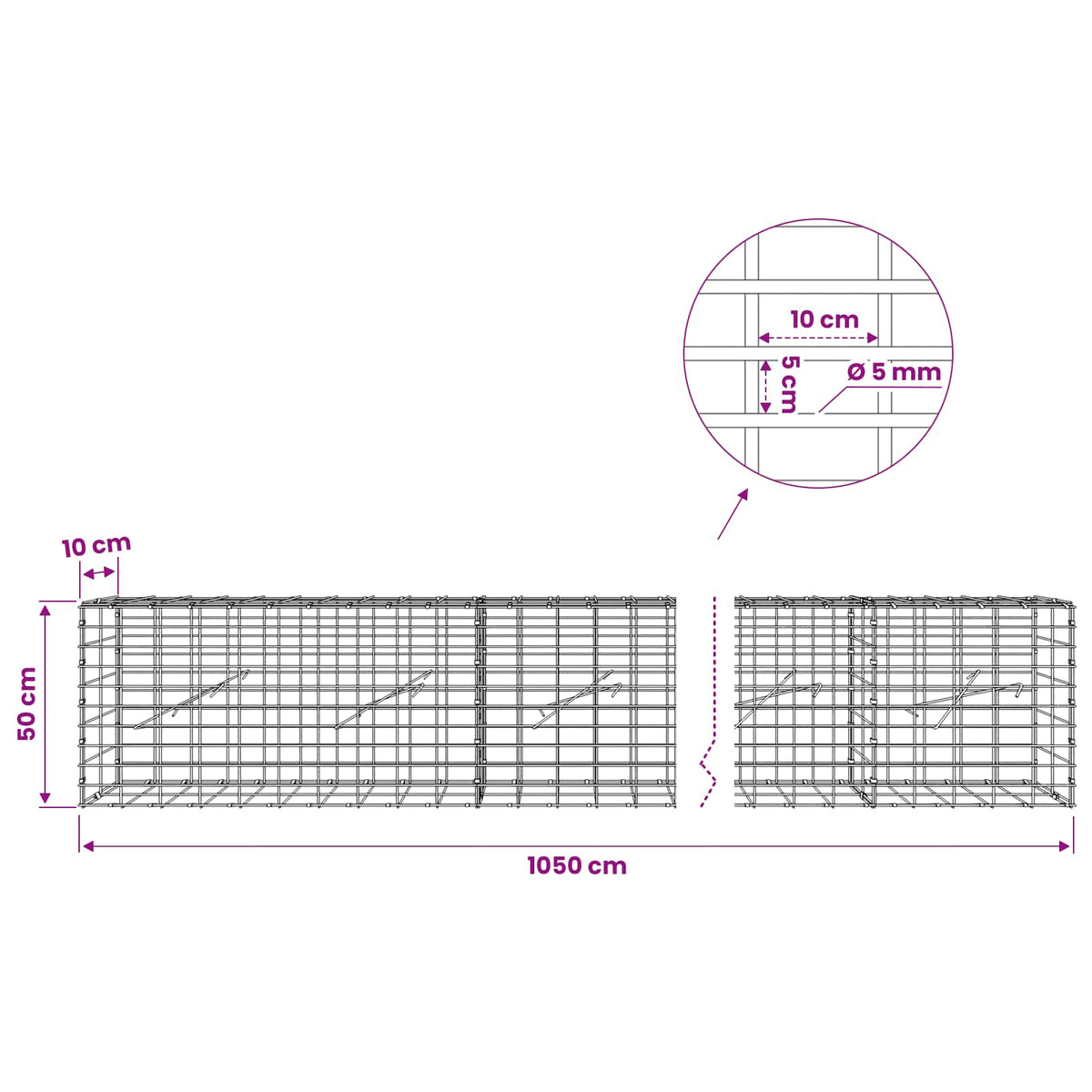 Gabionas su 5 mm viela ir 5x10 cm tinkleliu 1050x10x50 cm