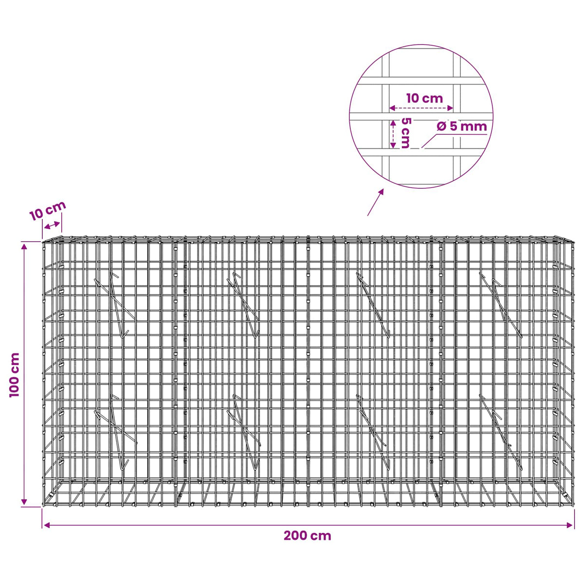 Gabionas su 5 mm Viela ir 5x10 cm Tinkleliu 200x10x100 cm