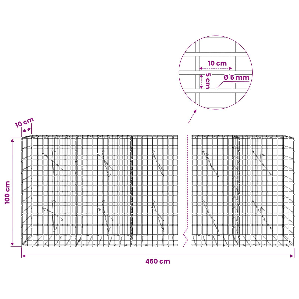 Gabionas su 5 mm Viela ir 5x10 cm Tinkleliu 450x10x100 cm
