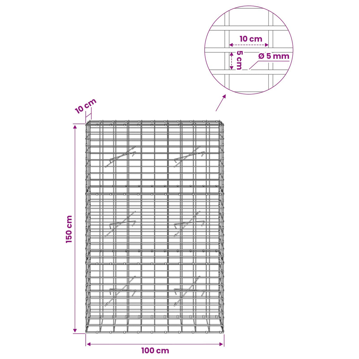 Gabionas su 5 mm Viela ir 5x10 cm Tinkleliu 100x10x150 cm