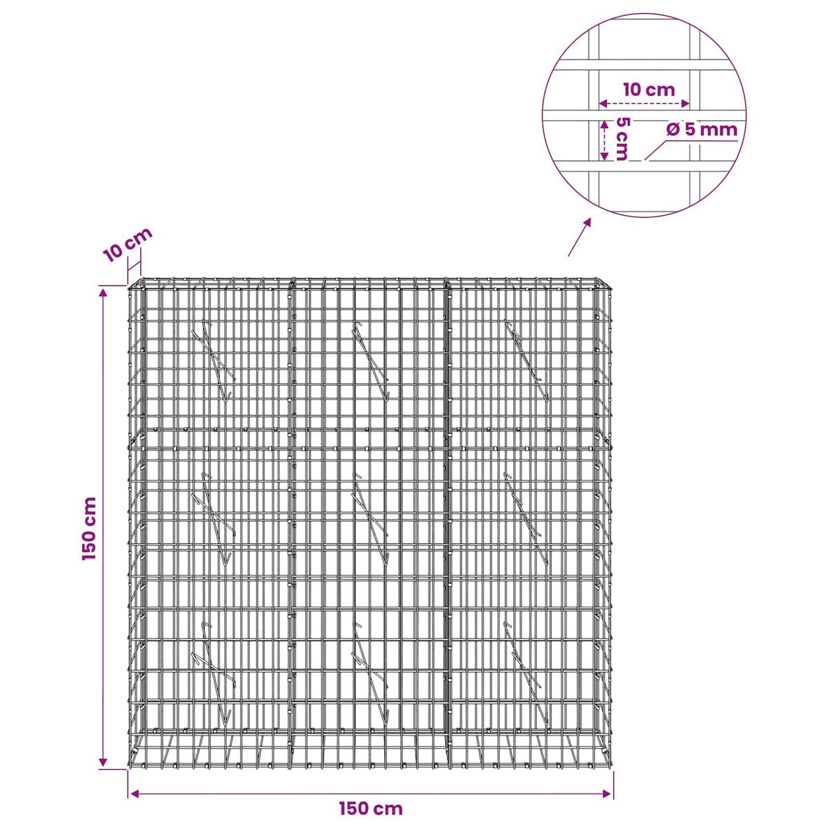 Gabionas su 5 mm Viela ir 5x10 cm Tinkleliu 150x10x150 cm