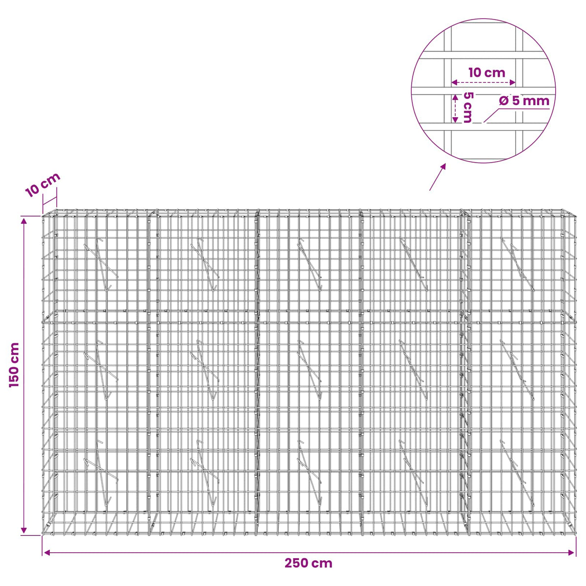 Gabionas su 5 mm viela ir 5x10 cm tinkleliu 250x10x150 cm