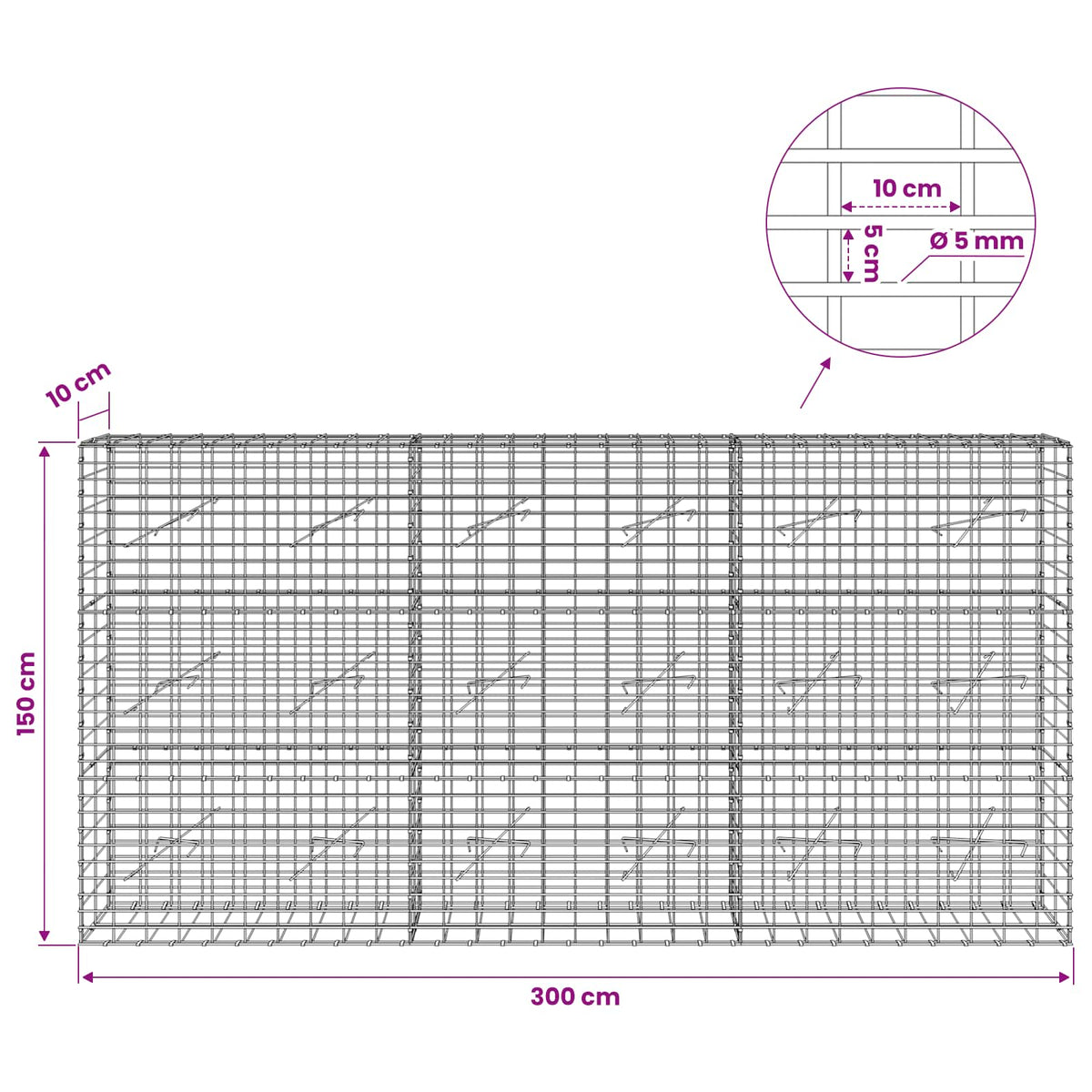 Gabionas su 5 mm Viela ir 5x10 cm Tinkleliu 300x10x150 cm