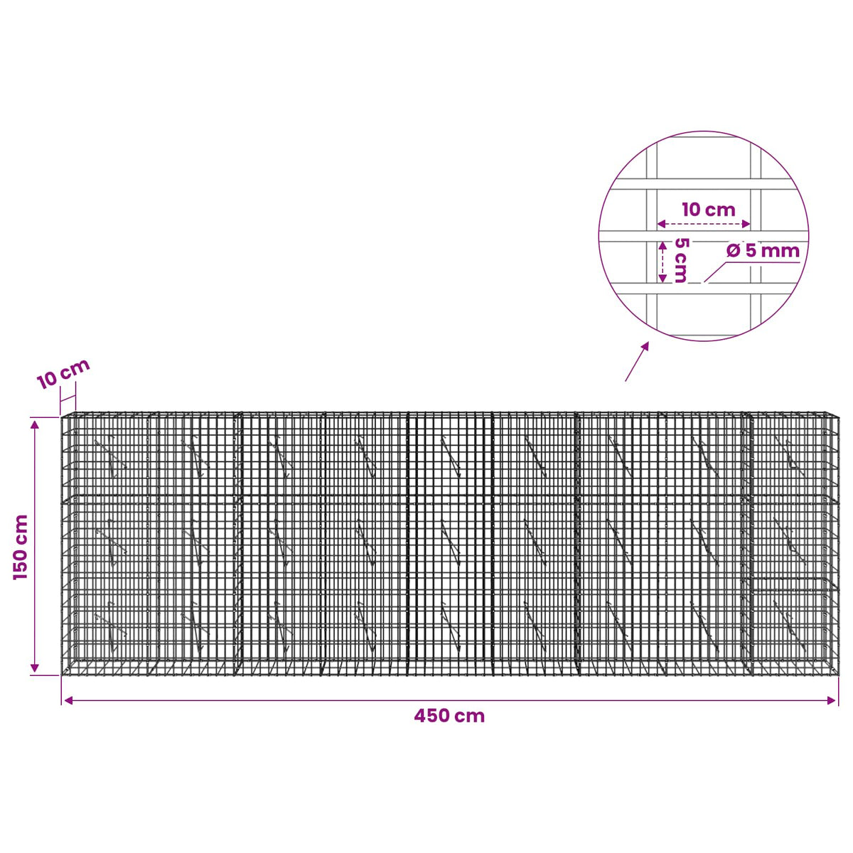 Gabionas su 5 mm viela ir 5x10 cm tinkleliu 450x10x150 cm