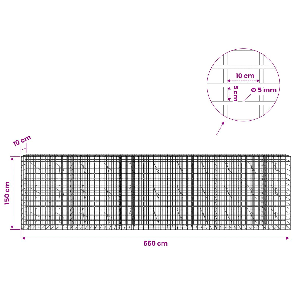 Gabionas su 5 mm viela ir 5x10 cm tinkleliu 550x10x150 cm