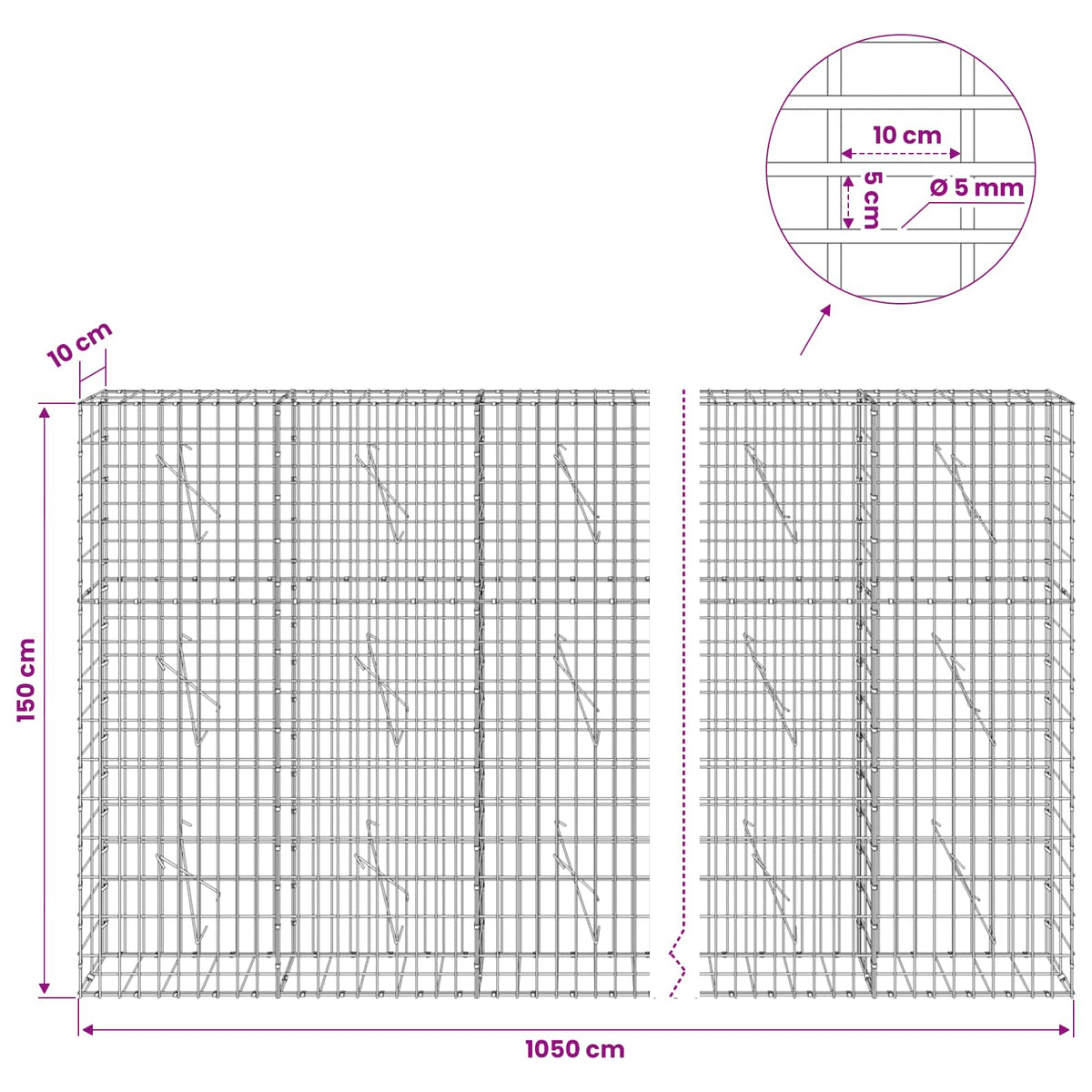 Gabionas su 5 mm viela ir 5x10 cm tinkleliu 1050x10x150 cm