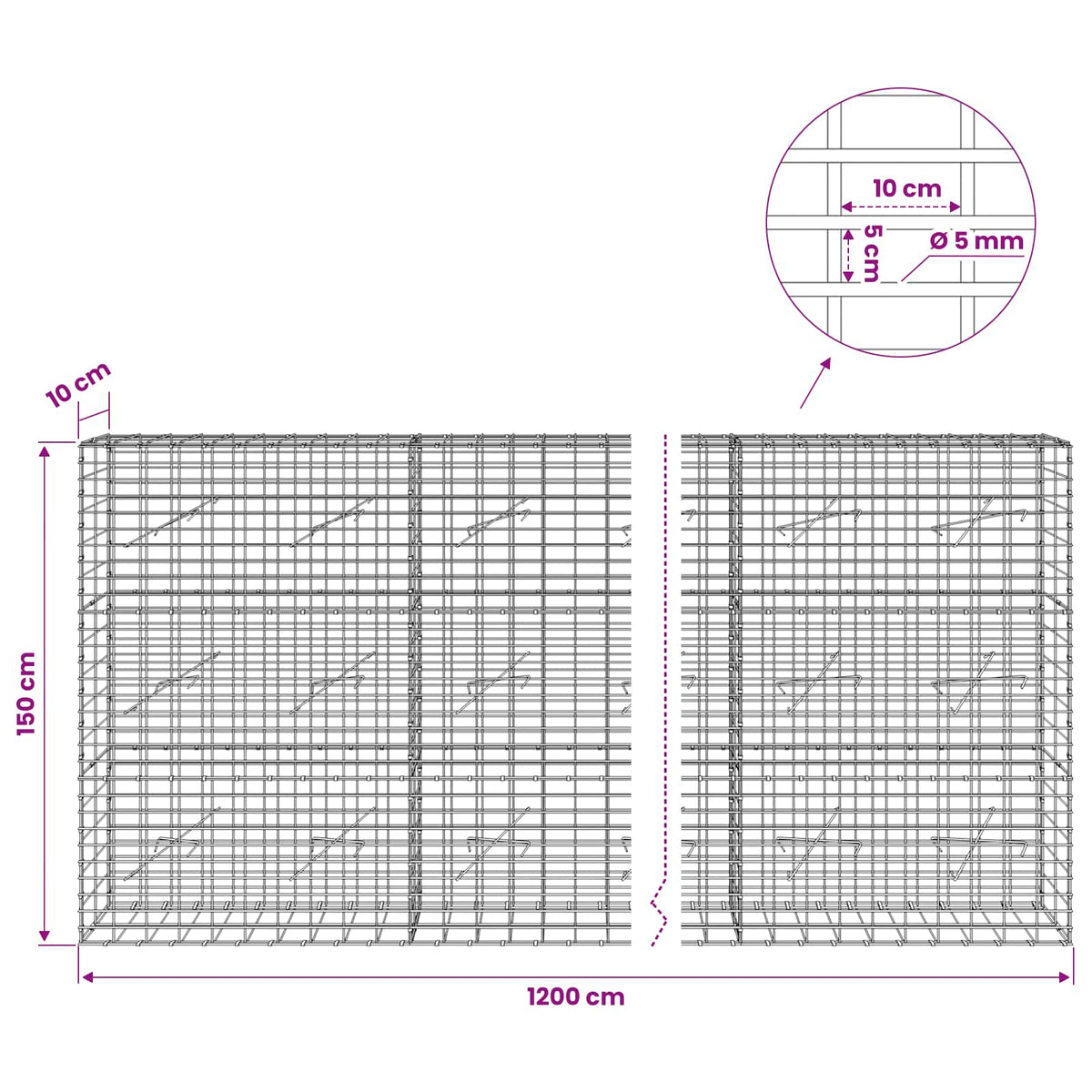 Gabionas su 5 mm Viela ir 5x10 cm Tinkleliu 1200x10x150 cm