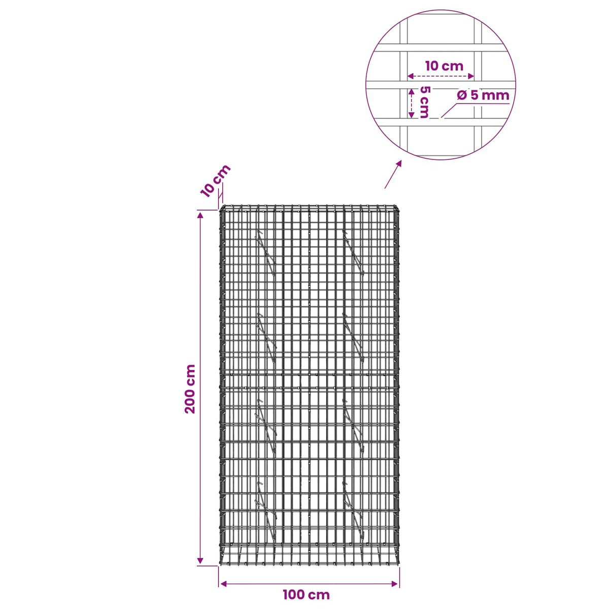 Gabionas su 5 mm Viela ir 5x10 cm Tinkleliu 100x10x200 cm