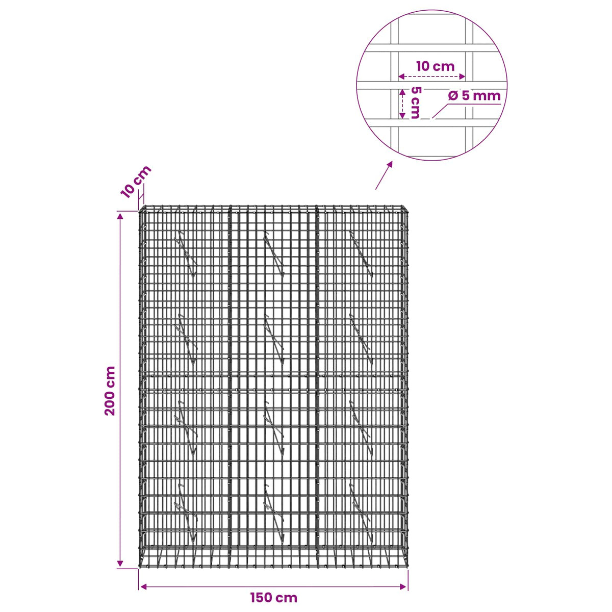 Gabionas su 5 mm Viela ir 5x10 cm Tinkleliu 150x10x200 cm