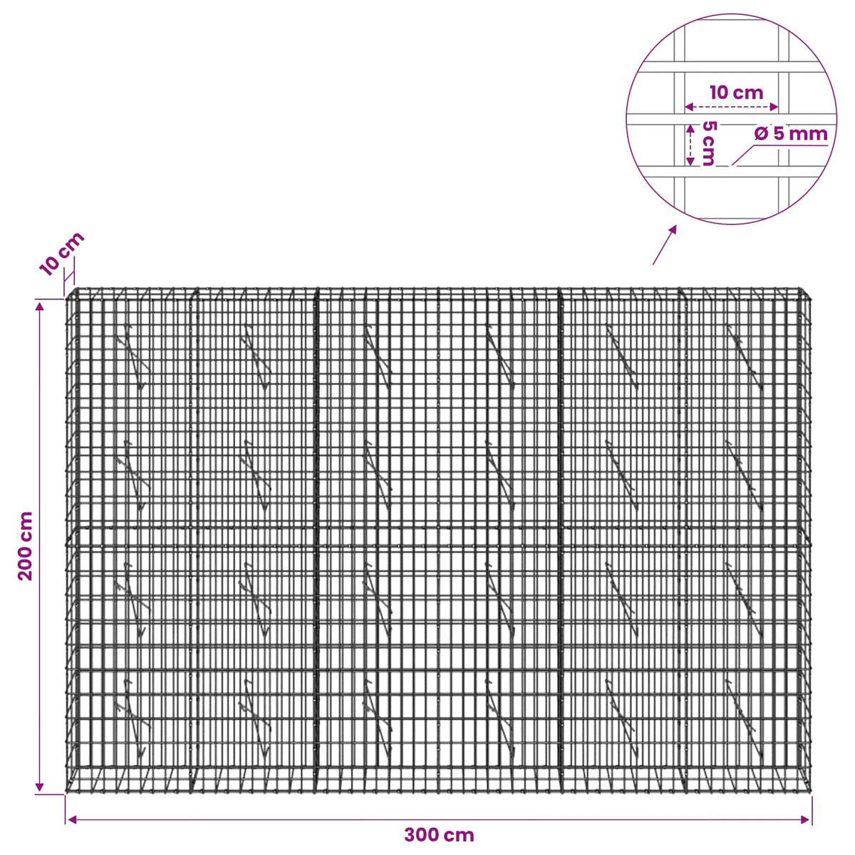 Gabionas su 5 mm Viela ir 5x10 cm Tinkleliu 300x10x200 cm