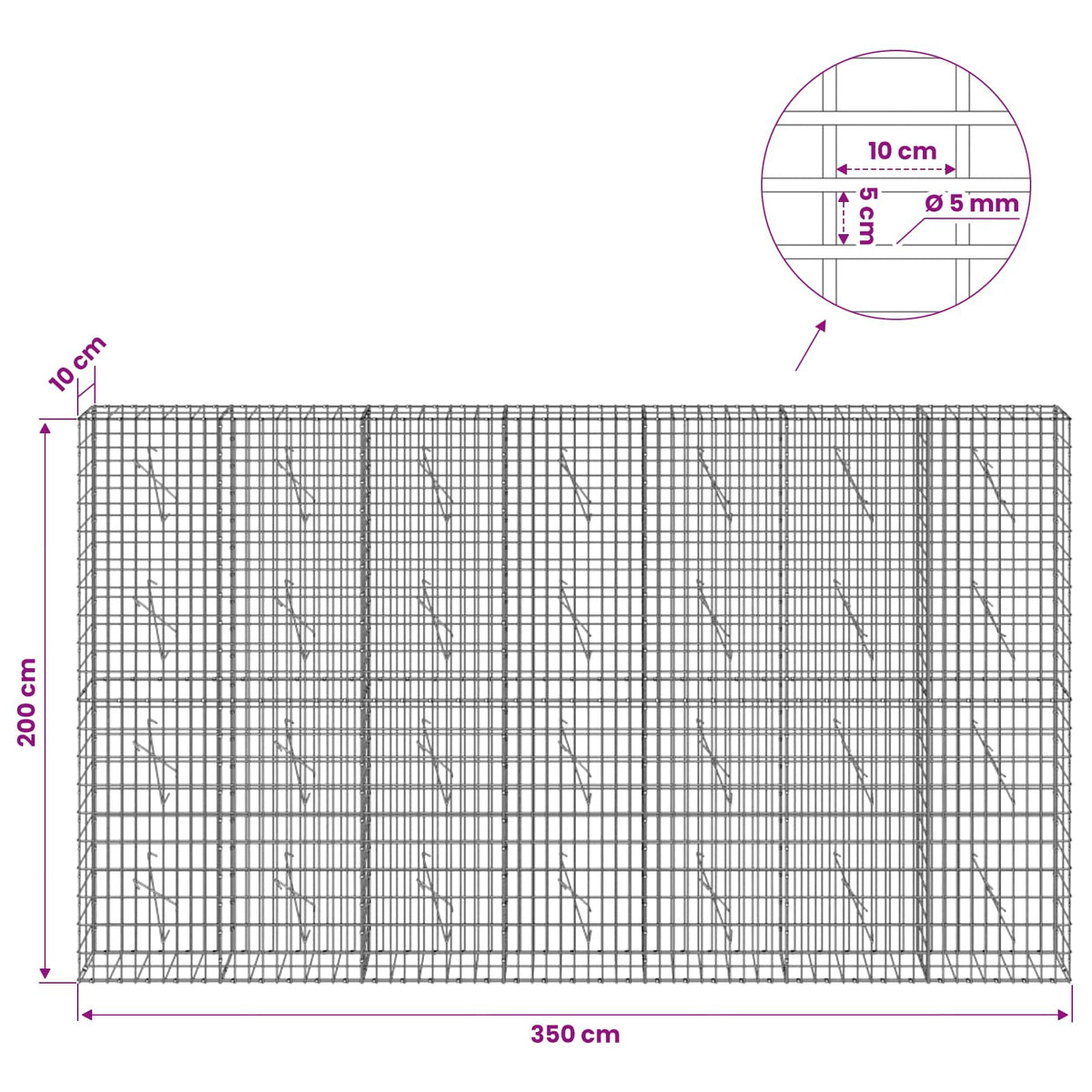 Gabionas su 5 mm Viela ir 5x10 cm Tinkleliu 350x10x200 cm