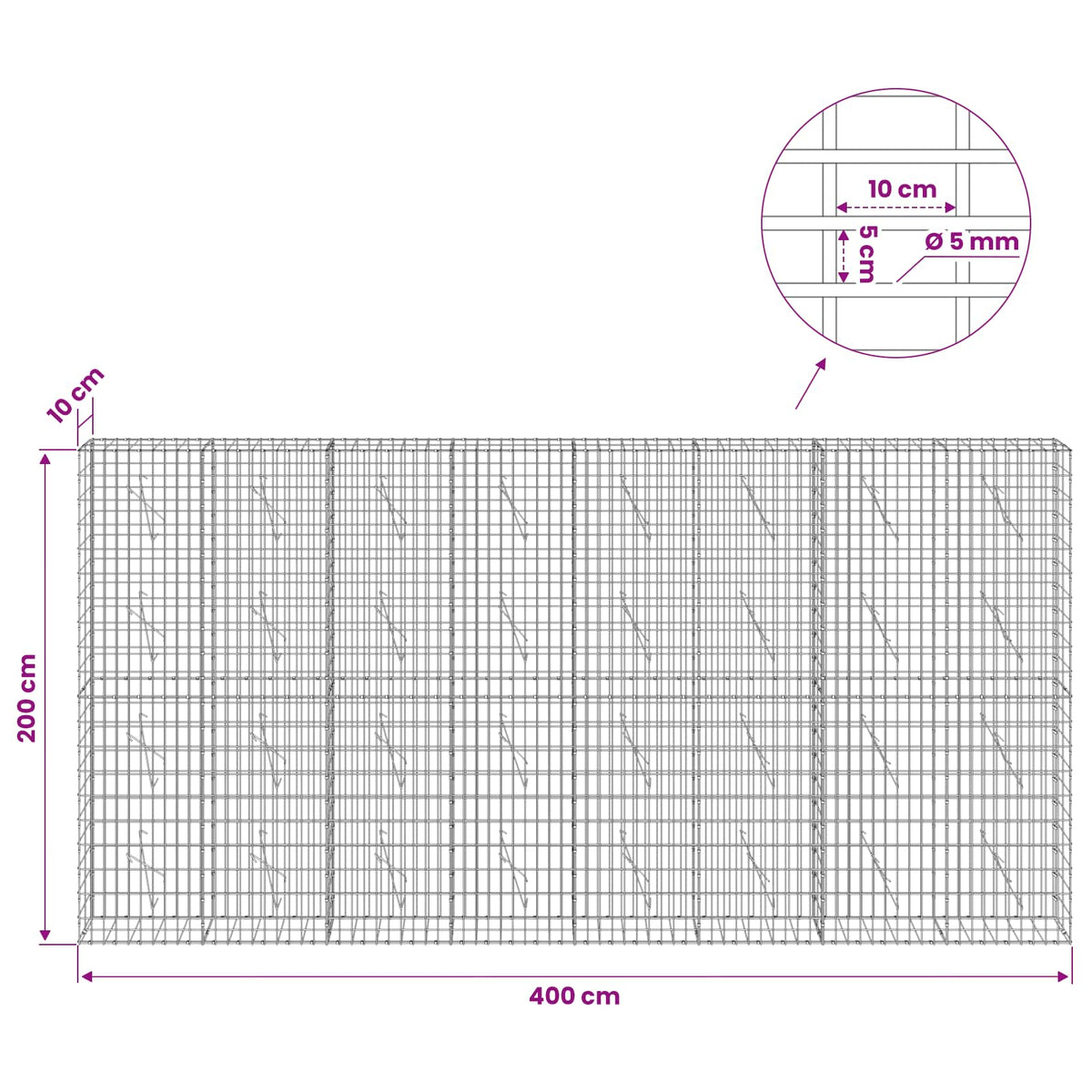 Gabionas su 5 mm viela ir 5x10 cm tinkleliu 400x10x200 cm