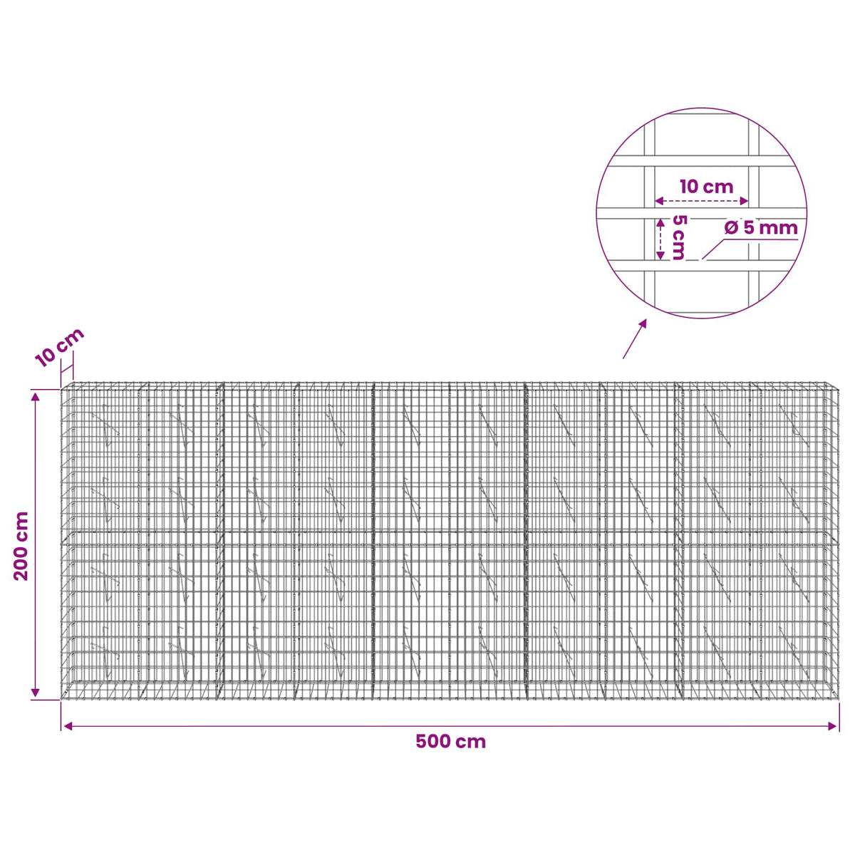 Gabionas su 5 mm Viela ir 5x10 cm Tinkleliu 500x10x200 cm